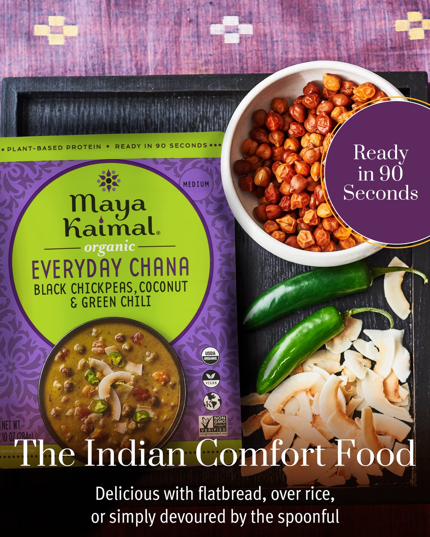 Maya Kaimal Organic Indian Everyday Chana Variety Pack - 10Oz, Pack Of 3-3 Flavors: Tomato & Onion, Coconut & Kale, Coconut & Gr