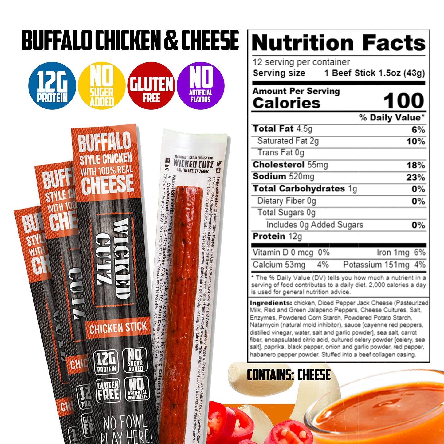 Wicked Cutz Meat & Cheese Sticks, Buffalo Chicken & Pepper Jack, 12 Pack, 1.5oz, Gluten Free, High Protein Snacks