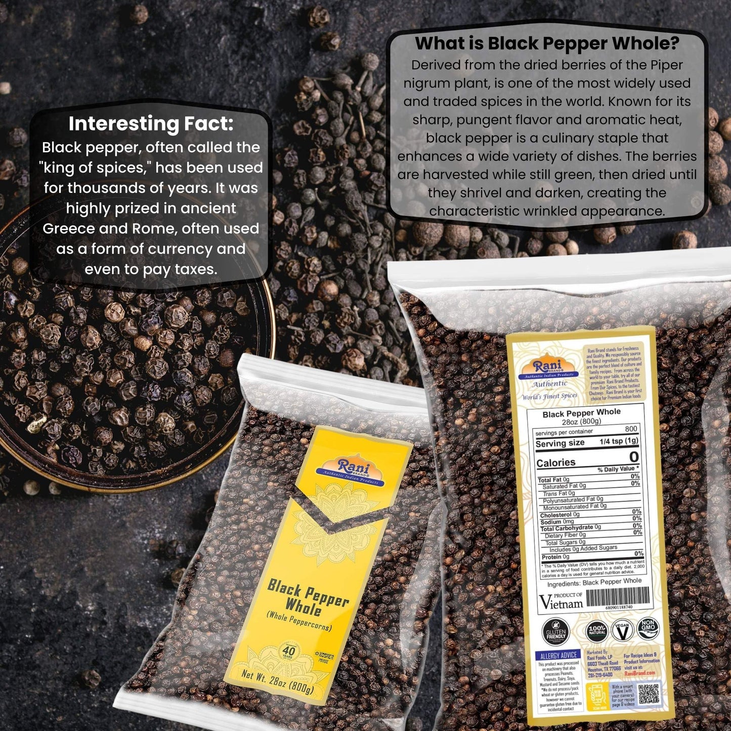 Rani Black Pepper Whole (Peppercorns) - Premium MG-1 Grade, 28oz (1.75lbs), All Natural, Gluten Friendly, Non-GMO, Kosher, Product