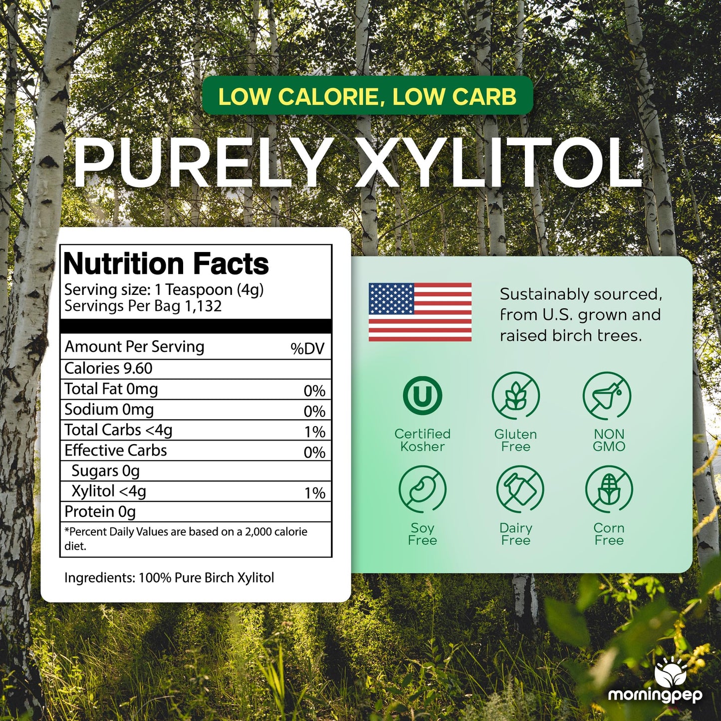 Pack Of 2 Morning Pep Pure Birch Xylitol (Keto Diet Friendly) Sweetener With No Aftertaste Bulk Size 10 Lbs (Not From Corn) Non Gmo Kosher Gluten Free Product Of Usa. Total 20 Lbs (320 Oz)
