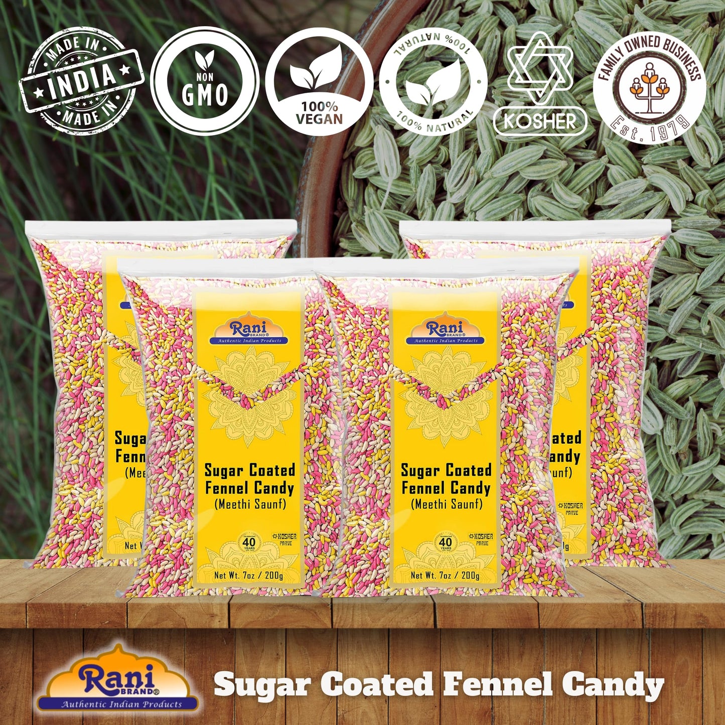 Rani Sugar Coated Fennel Candy 7oz 200g (Pack of 4, 28oz/800g total) ~ Indian After Meal Digestive Treat | Vegan | Gluten Friend