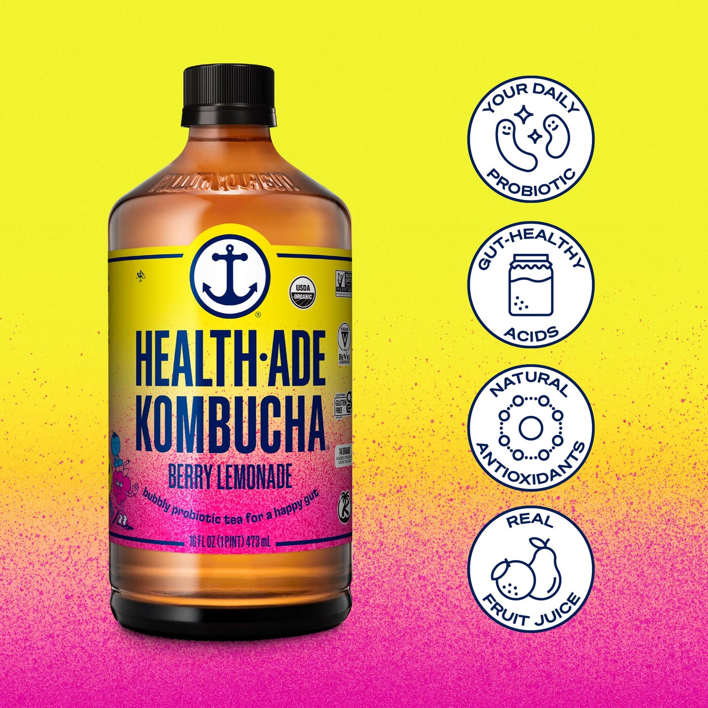 Health-Ade Kombucha Tea, Organic Fermented Drink, Non-GMO, Vegan, Gluten Free, 12 Pack, 16 Fl Oz Bottles, Berry Lemonade