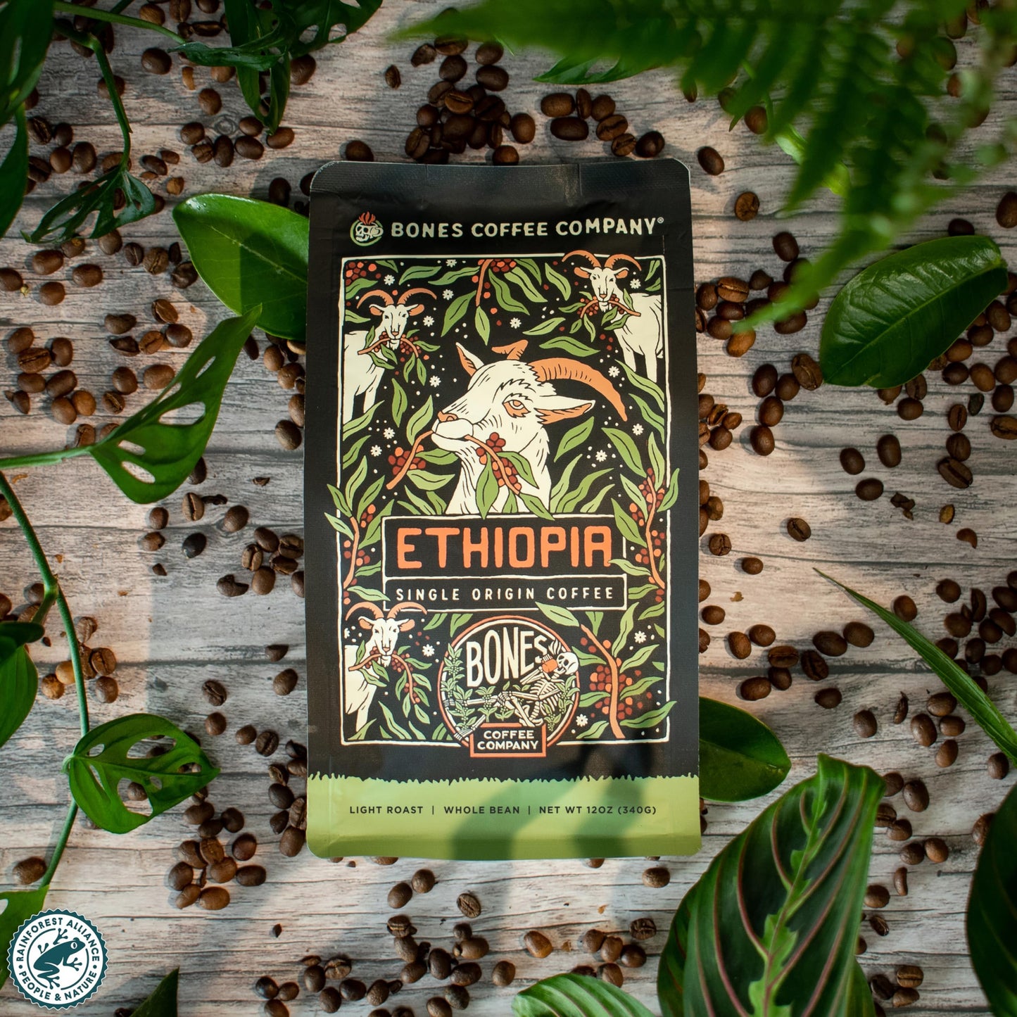 Bones Coffee Company Ethiopia Single-Origin, Citrus, Floral and Berries Notes, Whole Coffee Beans, Low Acid Medium Roast Arabica