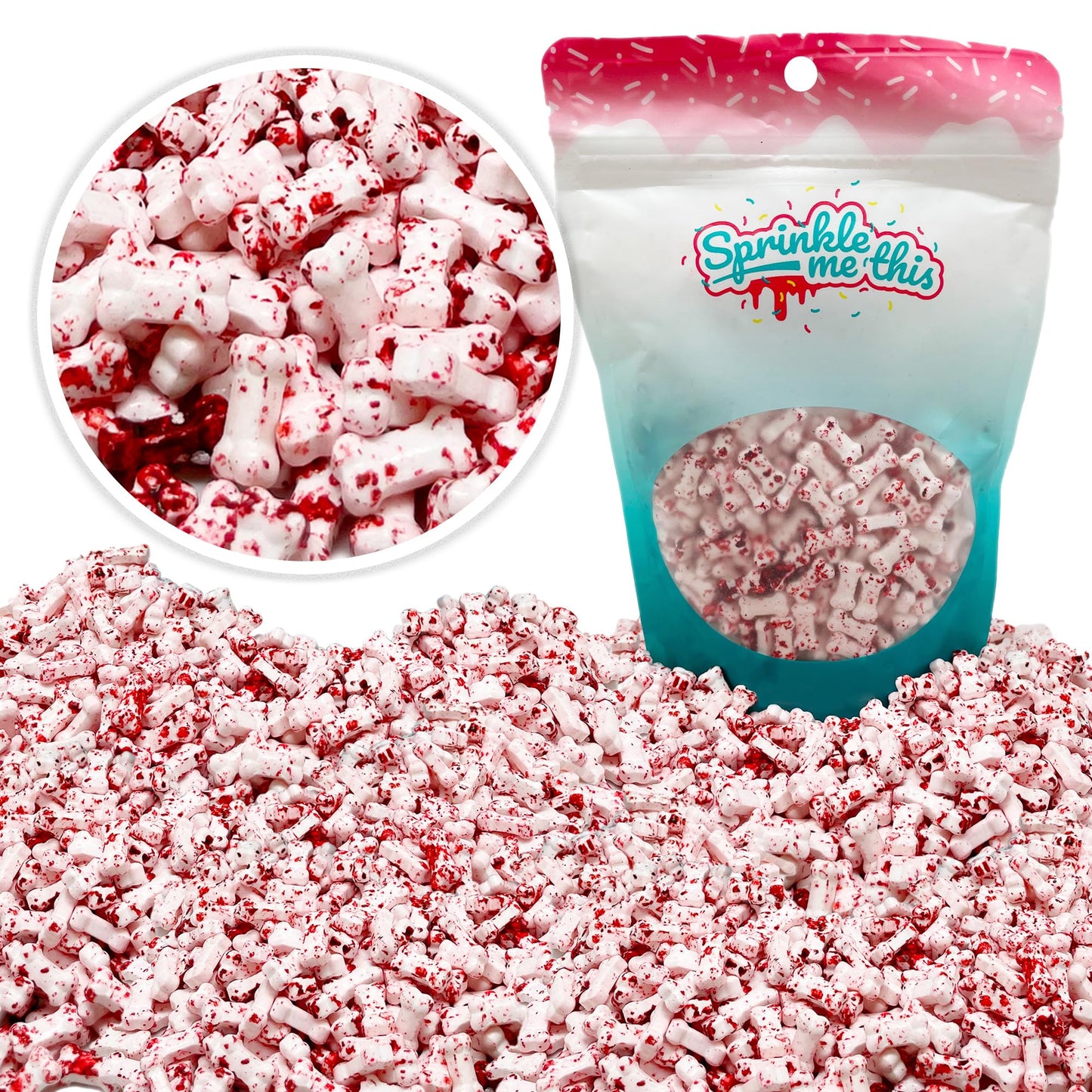 Bloody Bones Treat Toppers - 12 Oz Resealable Stand Up Candy Bag - White Candy Bone Shaped Sprinkles w/Red Splashes - Halloween