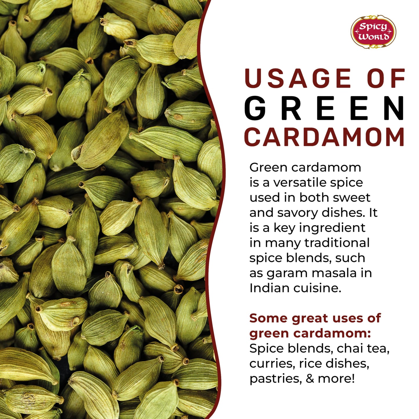 Spicy World Whole Green Cardamom Pods 7 Oz Large Bag (200G) - Natural Spice, Vegan, Large, Aromatic - By Spicy World
