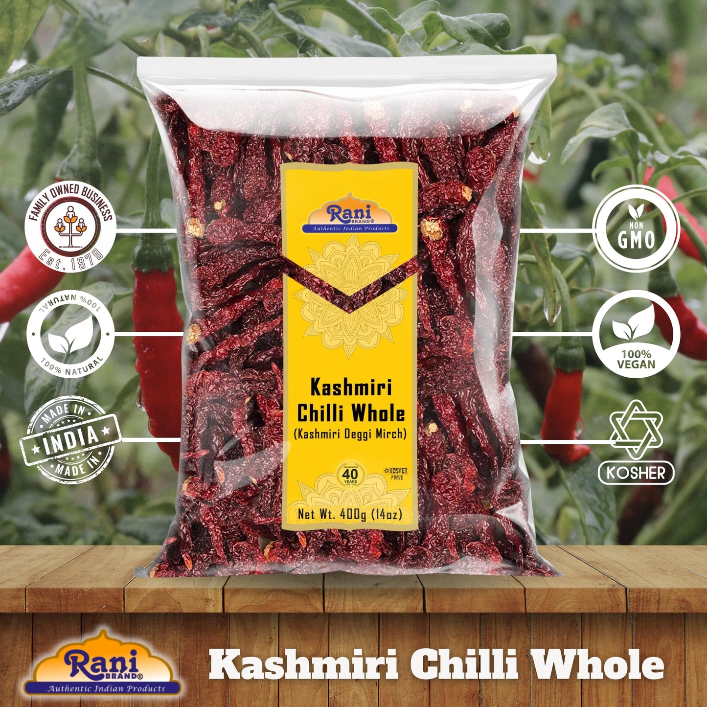 Rani Kashmiri Chilli Whole (Deggi Mirch, Low Heat) 14Oz (400G) ~ Natural | Salt-Free | Vegan | No Colors | Gluten Friendly | Non