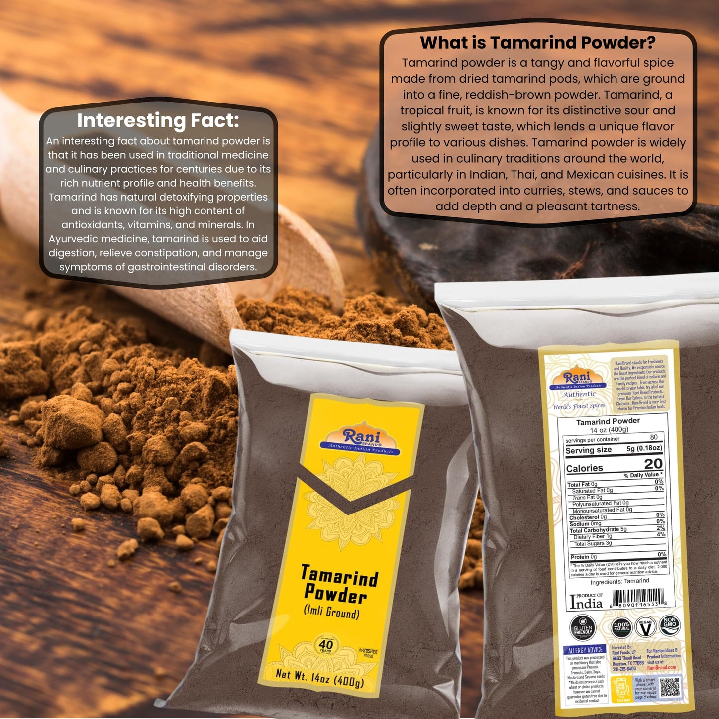 Rani Tamarind Powder (Imli) 14oz (400g) ~ All Natural| No Added Sugar/Salt | Vegan | Gluten Friendly | Kosher | NON-GMO | Kosher