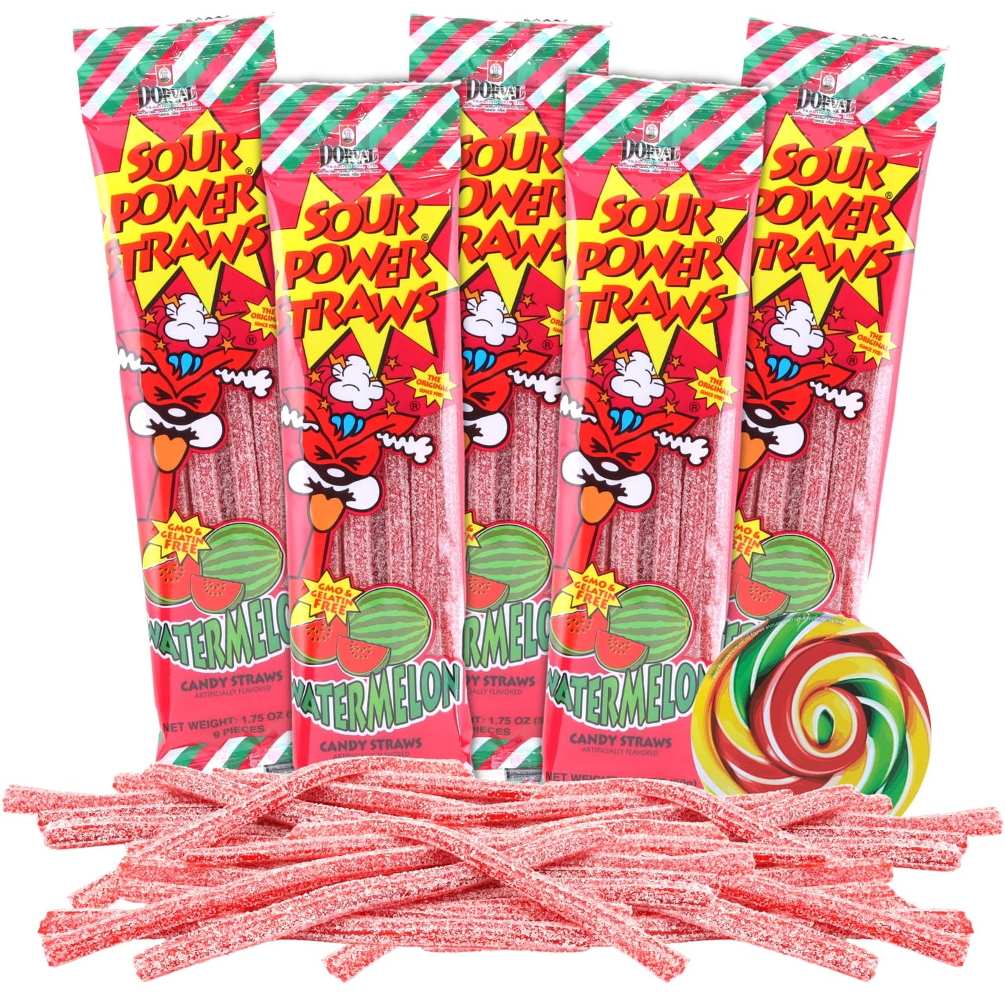 Needzo Sour Straws Watermelon, Chewy Sugar Coated Candy, Individually Packages, Swirl Sticker Included, 1.75 Ounces, (Pack of 5)