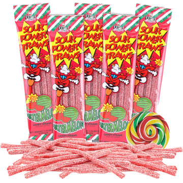 Needzo Sour Straws Watermelon, Chewy Sugar Coated Candy, Individually Packages, Swirl Sticker Included, 1.75 Ounces, (Pack of 5)