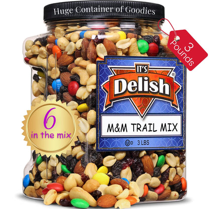M&Ms Classic Trail Mix by Its Delish, 3 lb Reusable Container | Gourmet Chocolate M and M Trail Mix with Dried Fruit and Nuts 