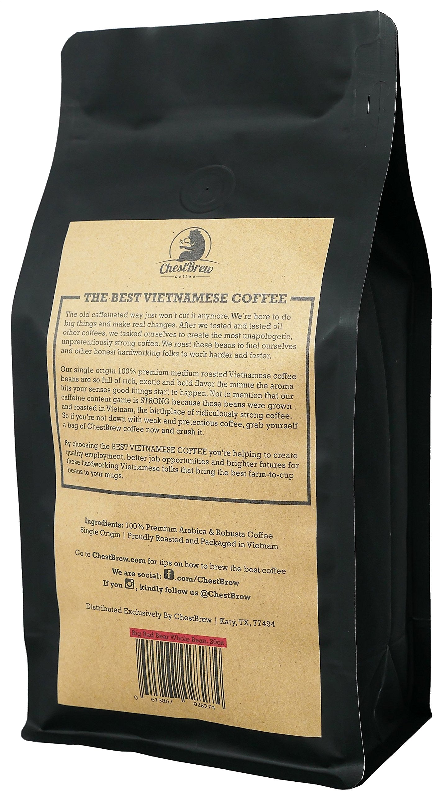 CHESTBREW COFFEE Whole Bean Coffee - Strong Medium Roast - 20 Ounce Bag - Brown