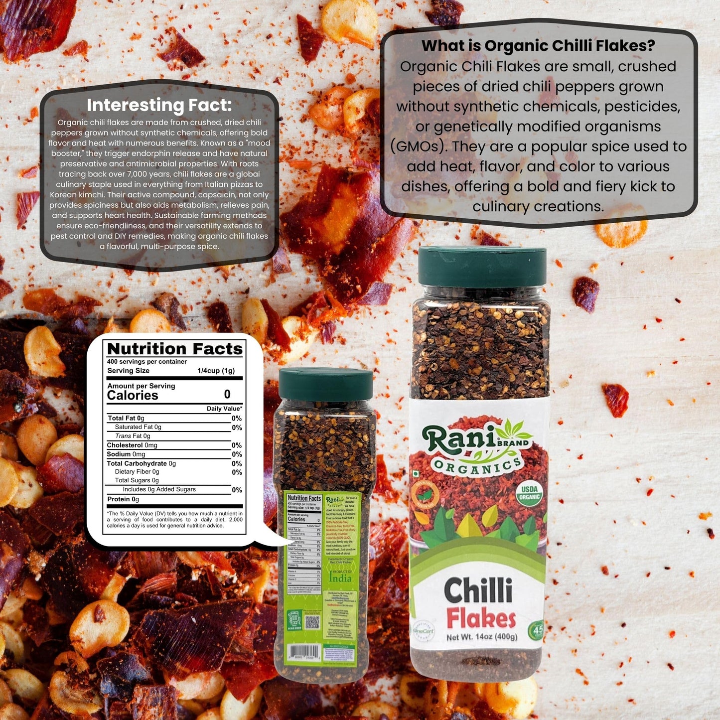 Rani Organic Chilli Flakes 14Oz (400G) Pet Jar ~ All Natural, No Color Added | Gluten Friendly | Vegan | Non-Gmo | Kosher | No S