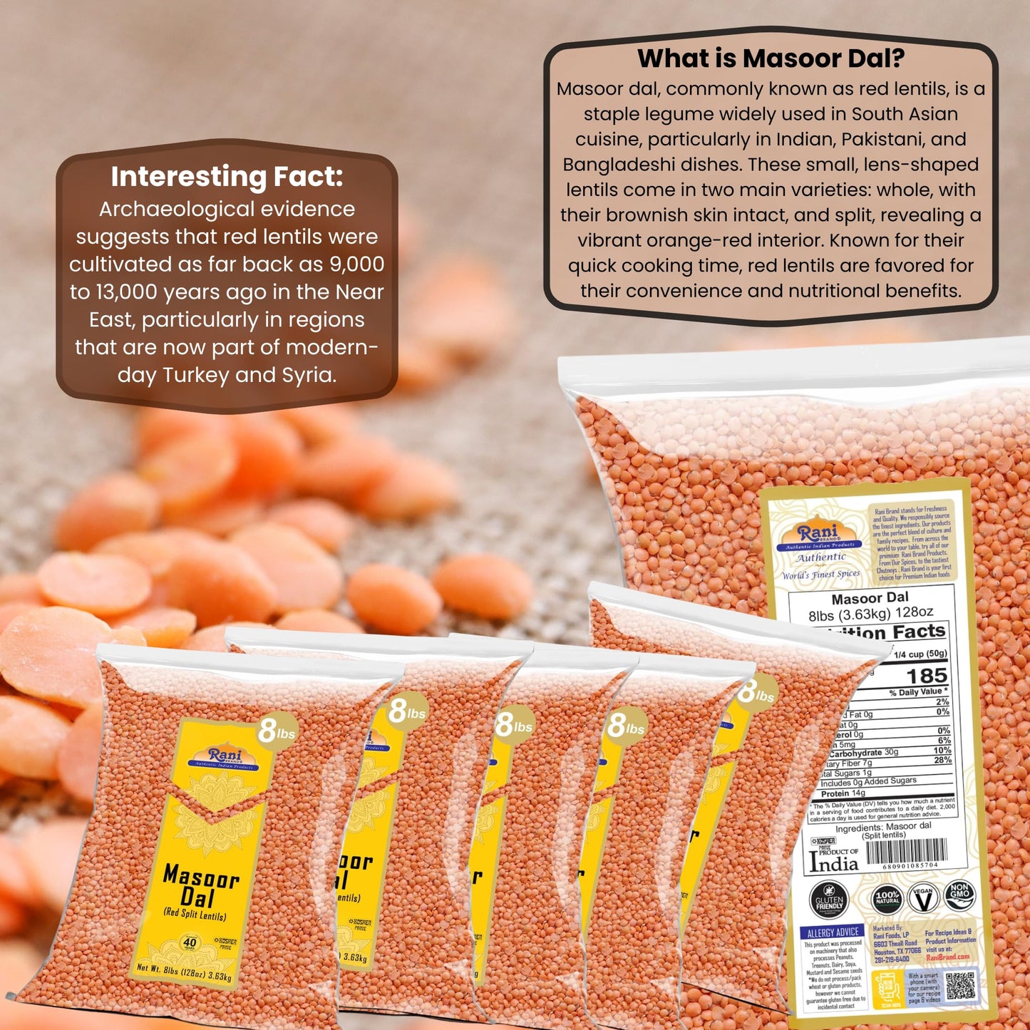 Rani Masoor Dal (Indian Red Lentils) Split Gram 128Oz (8Lbs) 3.63Kg X Pack Of 5 (Total 40Lbs) Bulk ~ All Natural | Gluten Friend