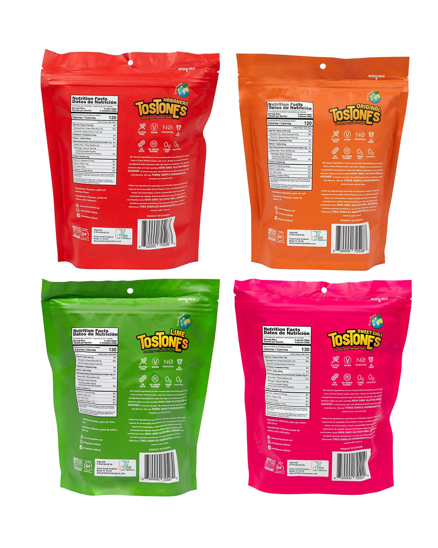 Tostones, 2 Of Each Flavor, 4 Total Flavors, Original, Lime, Habanero, Sweet Chili, Green Plantains, Crunchy Chips, Plantains, Palm Oil And Salt, 3.53 Oz Per Unit, 8 Pack,