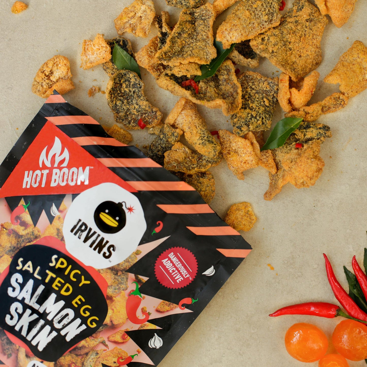 Irvins Hot Boom Spicy Salted Egg Salmon Skin Chips Crisps | Premium Hand Cooked | Halal | High Protein | Keto-Friendly | 3.7 Oz (Pack Of 6)