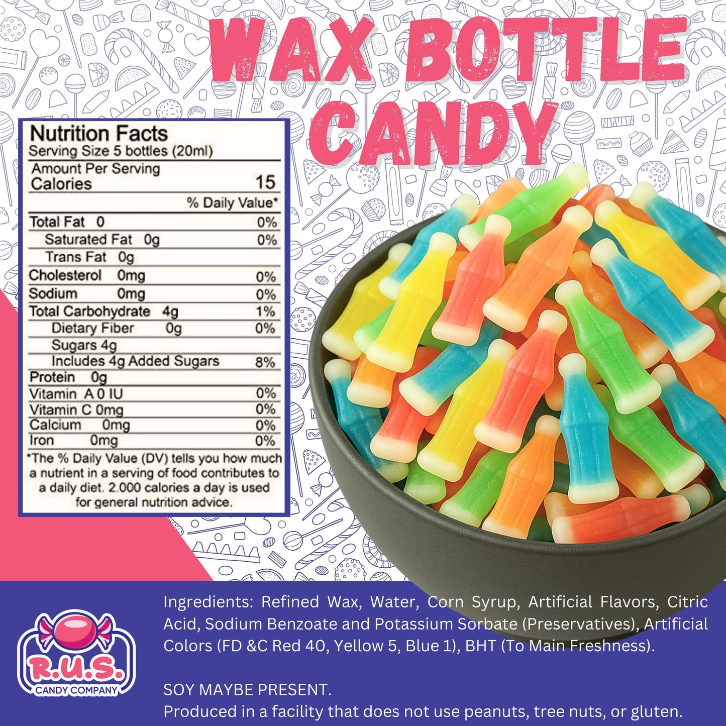 Old-Fashioned Wax Bottle Candy - 1/2 Lbs Bulk Pack - 5 Fruity Flavors (Lemon  Blue Raspberry  Orange  Cherry  Green Apple) - Retro Candy Drinks for Parties  Kids  and Nostalgic 90s Buffet (Half Pound)