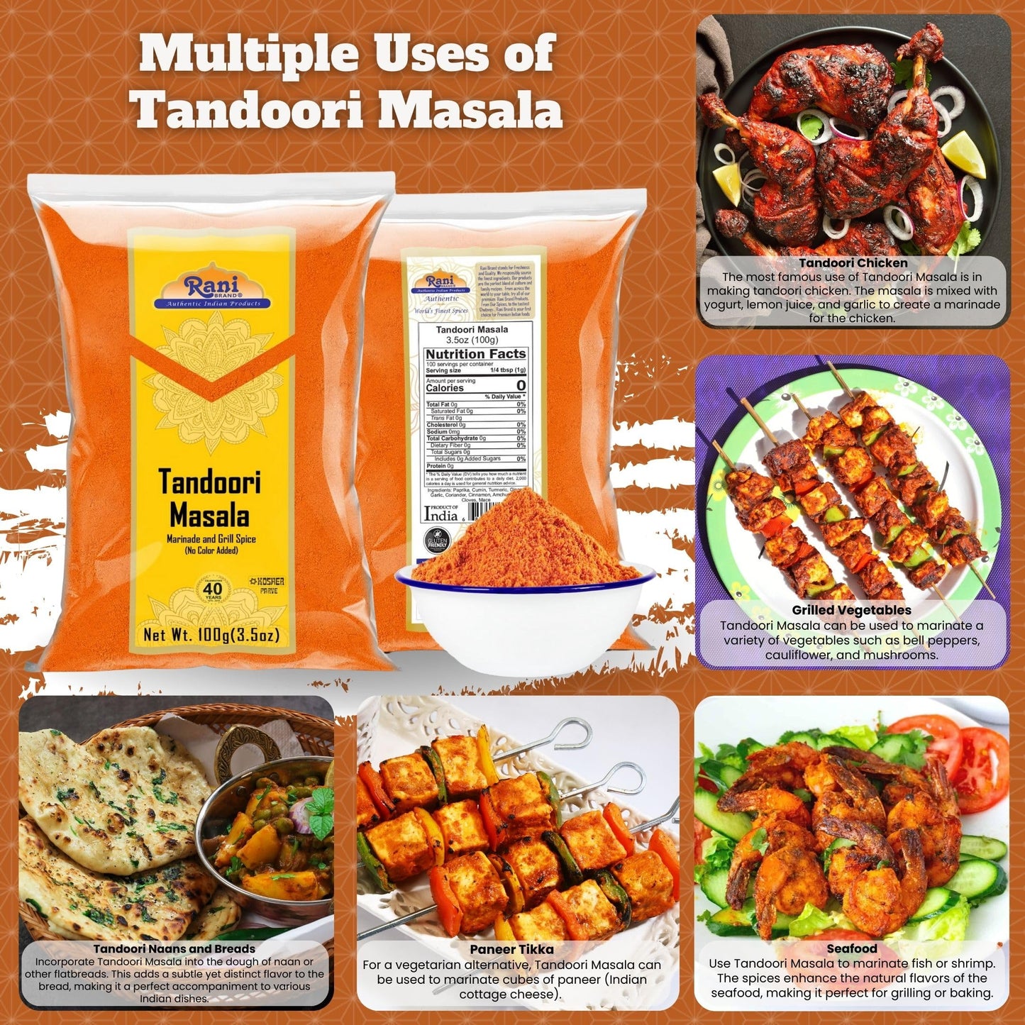 Rani Tandoori Masala 11-Spice Blend, Salt Free, Vegan, Gluten Friendly, 3.5oz (100g) - Natural, No Colors Added, Indian Origin