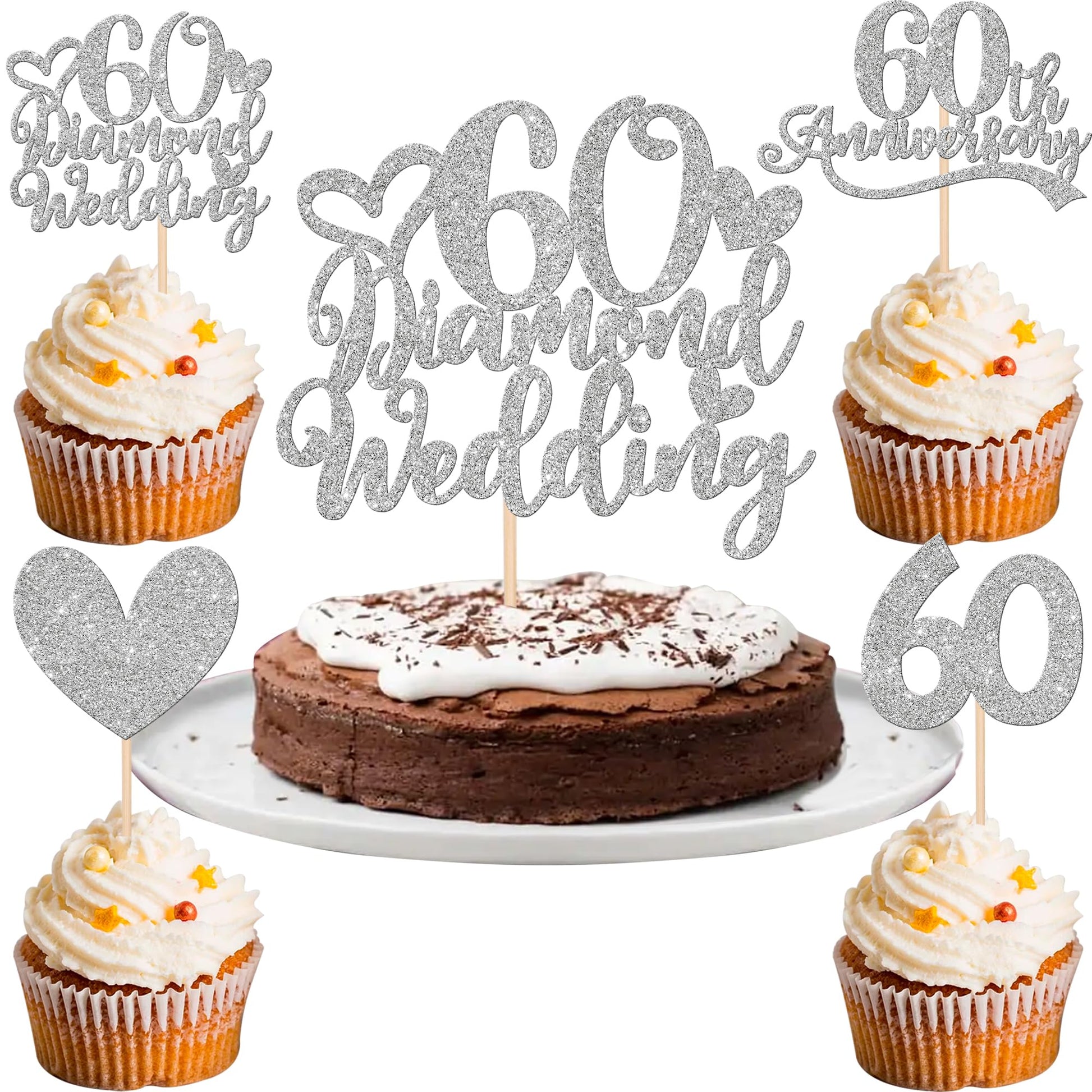 25 PCS 60th Anniversary Cupcake Toppers with 60 Diamond Wedding Cake Topper Silver Glitter Heart 60th Wedding Anniversary Cupcak