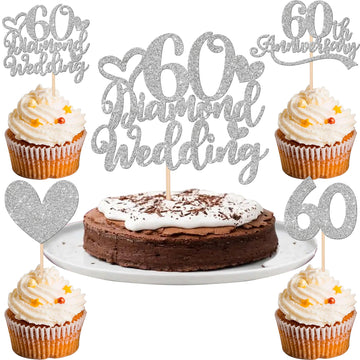 25 PCS 60th Anniversary Cupcake Toppers with 60 Diamond Wedding Cake Topper Silver Glitter Heart 60th Wedding Anniversary Cupcak