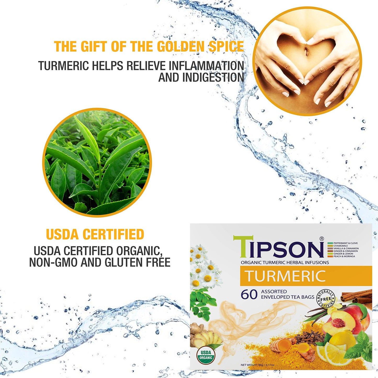 Tipson Organic Turmeric Herbal Tea - Caffeine Free, Non-GMO, Gluten Free - 60 Foil Enveloped Double Chambered Bags