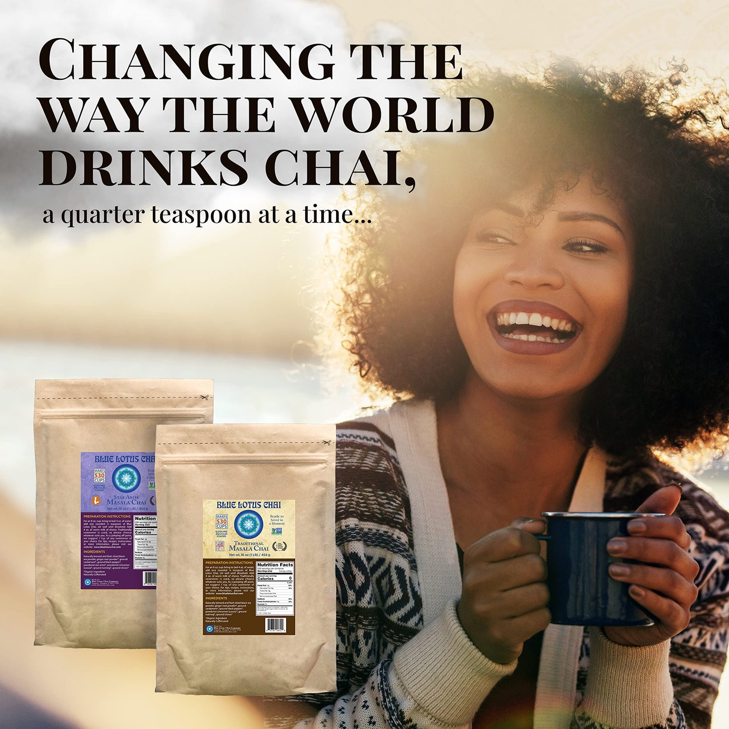 Blue Lotus Chai - Golden Masala Chai - Makes 530 Cups - 1 Pound Bulk Bag Masala Spiced Chai Powder With Organic Spices - Instant