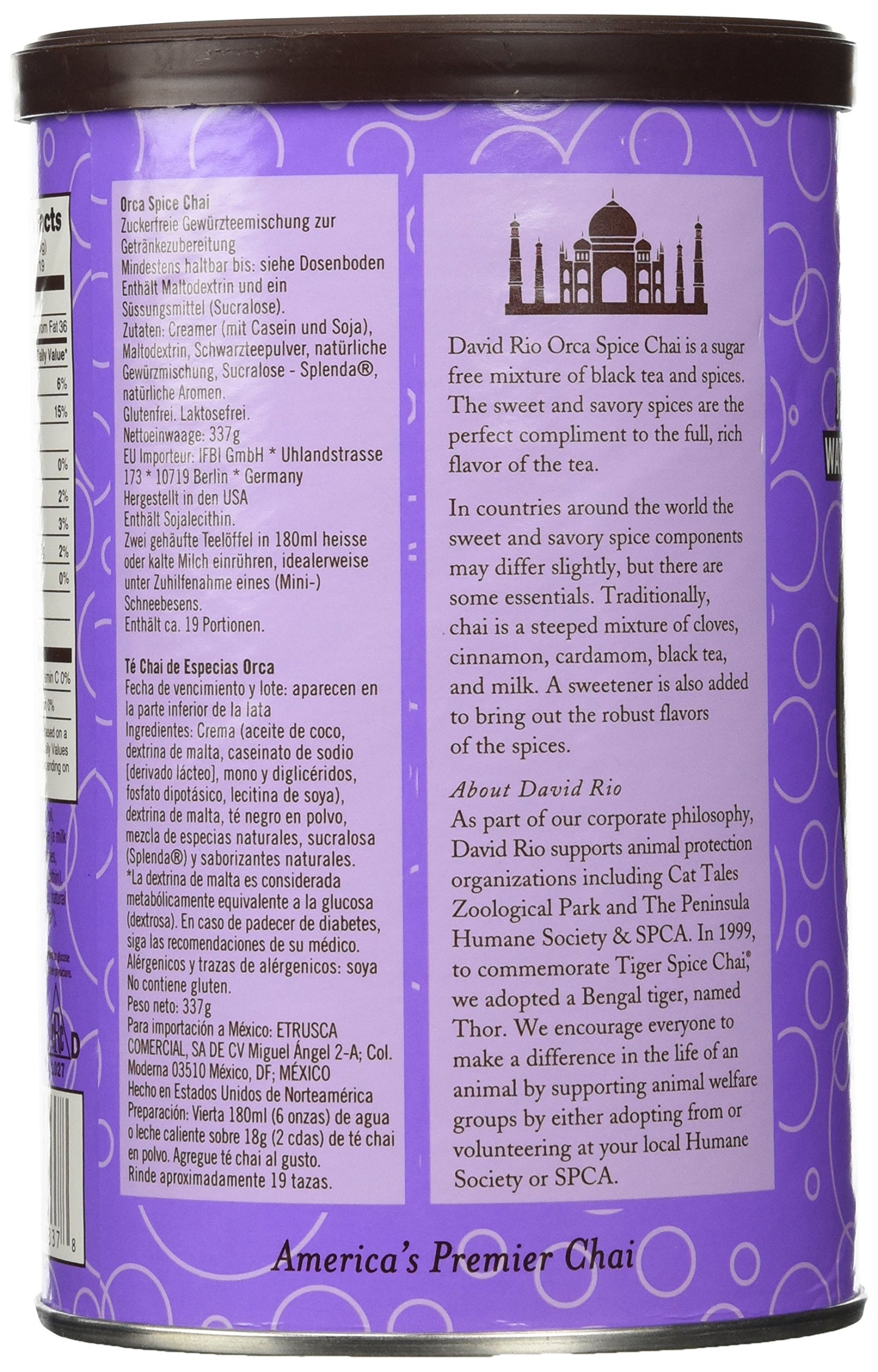 David Rio Orca Spice Sugar-Free Chai, 11.9oz Canisters - Pack of 2, Deliciously Sweet & Guilt-Free Herbal Beverage