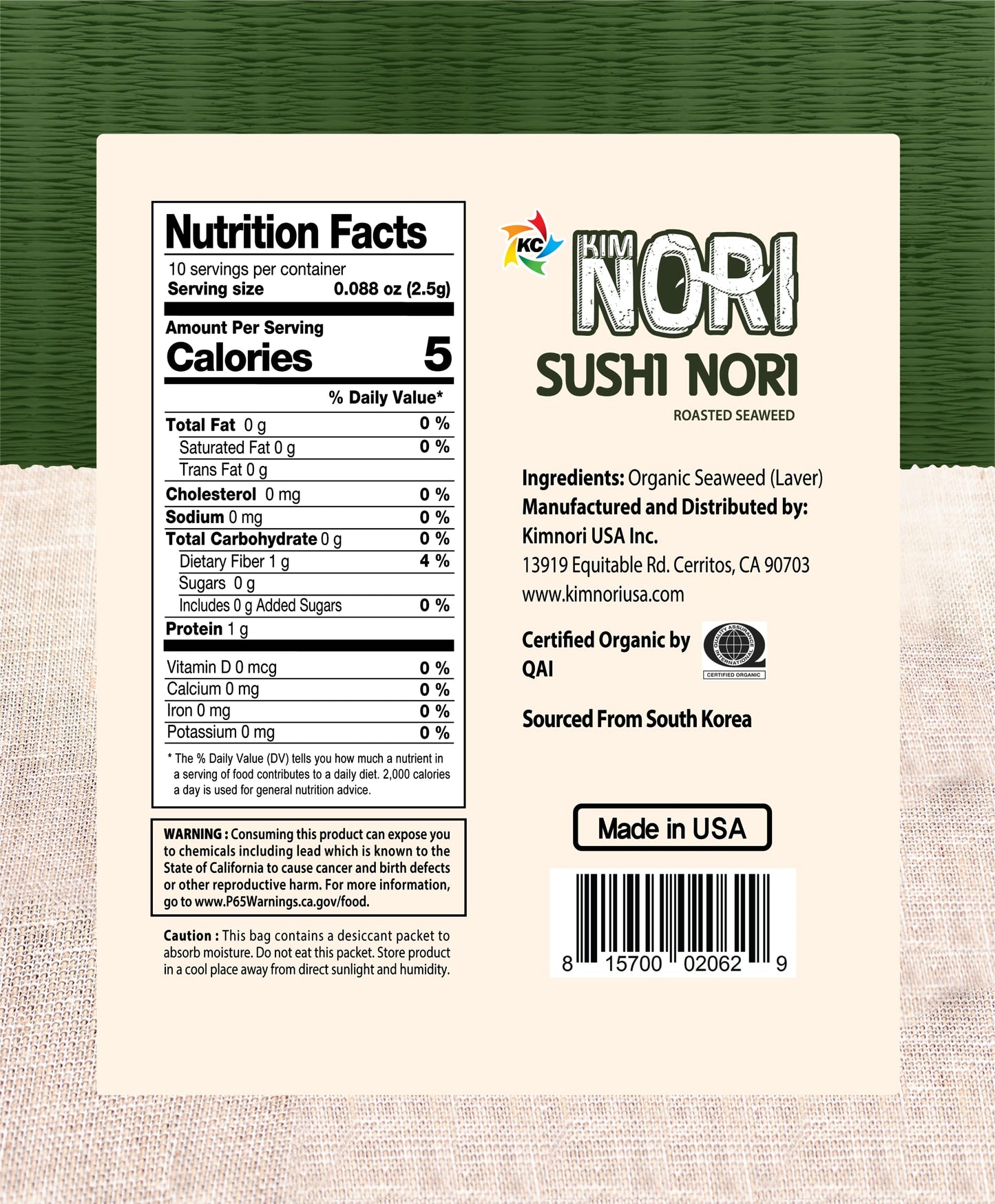 KIMNORI Sushi Nori Sea Sheets - 10 Full Size USDA Organic Yaki Roasted Rolls Wraps Snack 100% Natural Laver Gluten Free No MSG Non GMO Vegan Kosher 25 Gram 0.88 Ounce ? ?? ?? ??