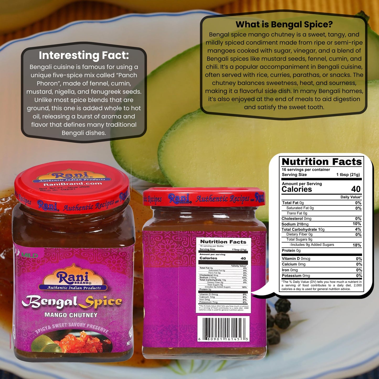 Rani Bengal Spice Mango Chutney, Vegan, Gluten Free, 10.5oz Glass Jar