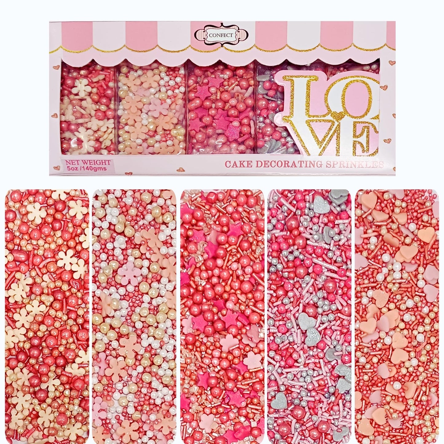 Confect Pretty in Pink, Gold & White Flower & Pearl Sprinkles Mix - Heart & Star Edible Sprinkles for Cakes, Cupcakes, Cookies -