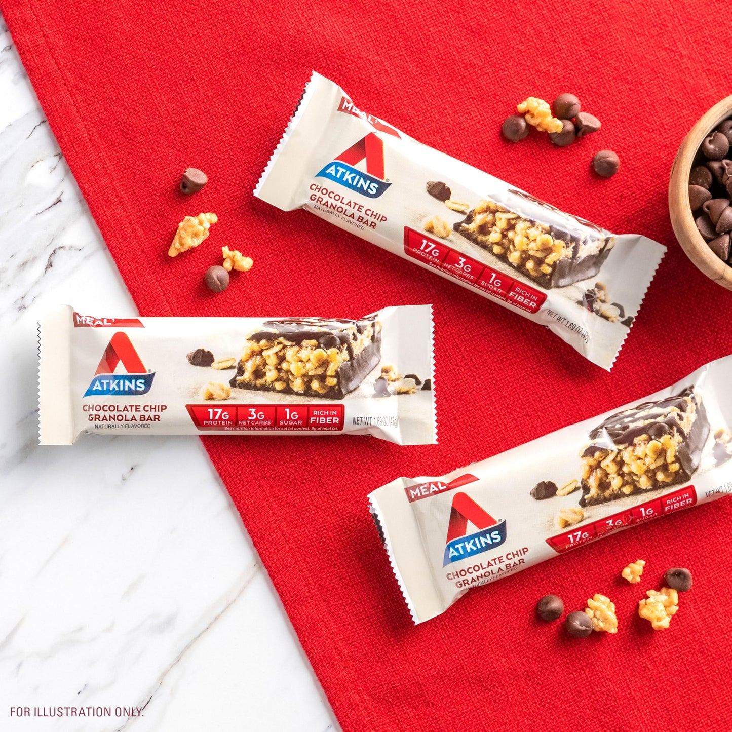 Atkins Chocolate Chip Granola Protein Meal Bar, 17g Protein, 1g Sugar, Keto Friendly, 12 Count