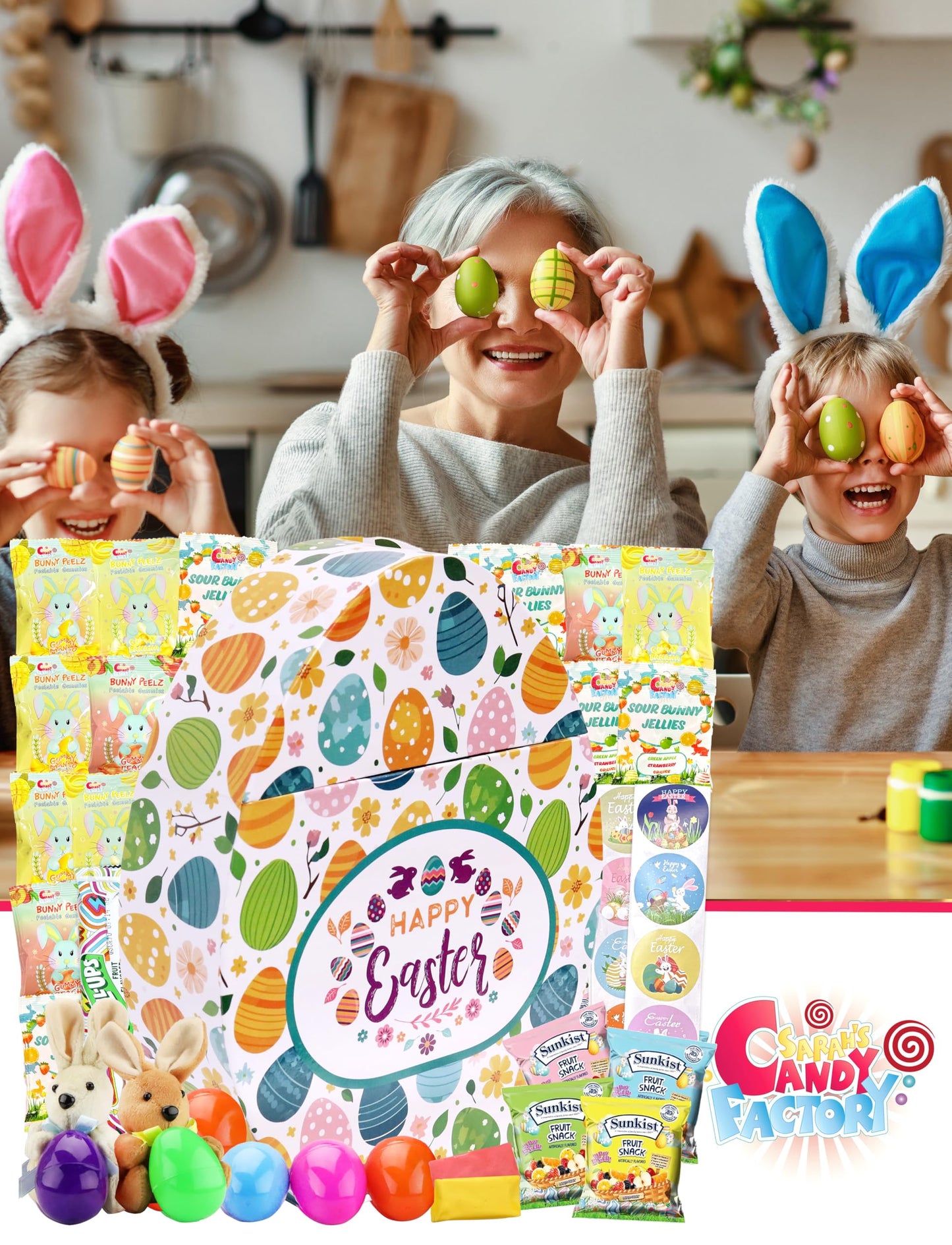 Easter Snack Egg Shape Box (38 Count) Filled With Candy, Peelable Gummies, Treats And Bunny, Great Package For Family, Friends,