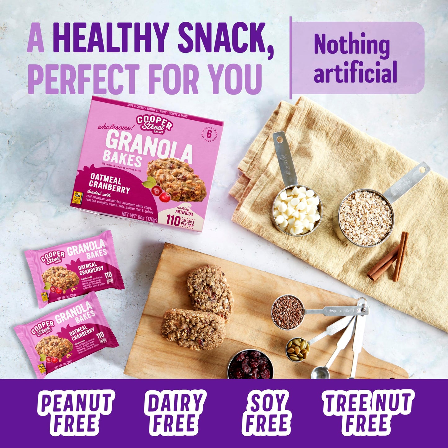 COOPER STREET Granola Cookie Bake Chewy Bars with Chia, Flax, Oats, 30 Count, Oatmeal Cranberry Flavor, Individually Wrapped