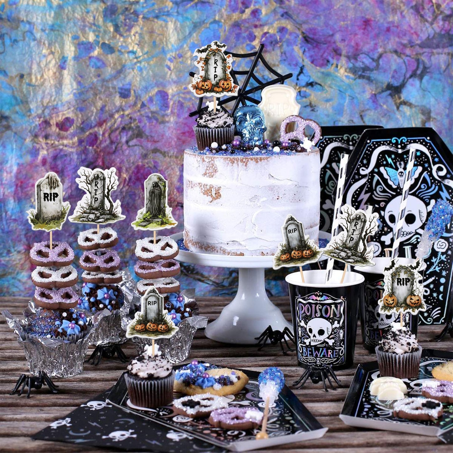 36 Pcs Halloween Tombstone Cupcake Toppers Rip Cemetery Graveyard Zombie Skeleton Pumpkin Bat Cupcake Picks Halloween Cupcake De