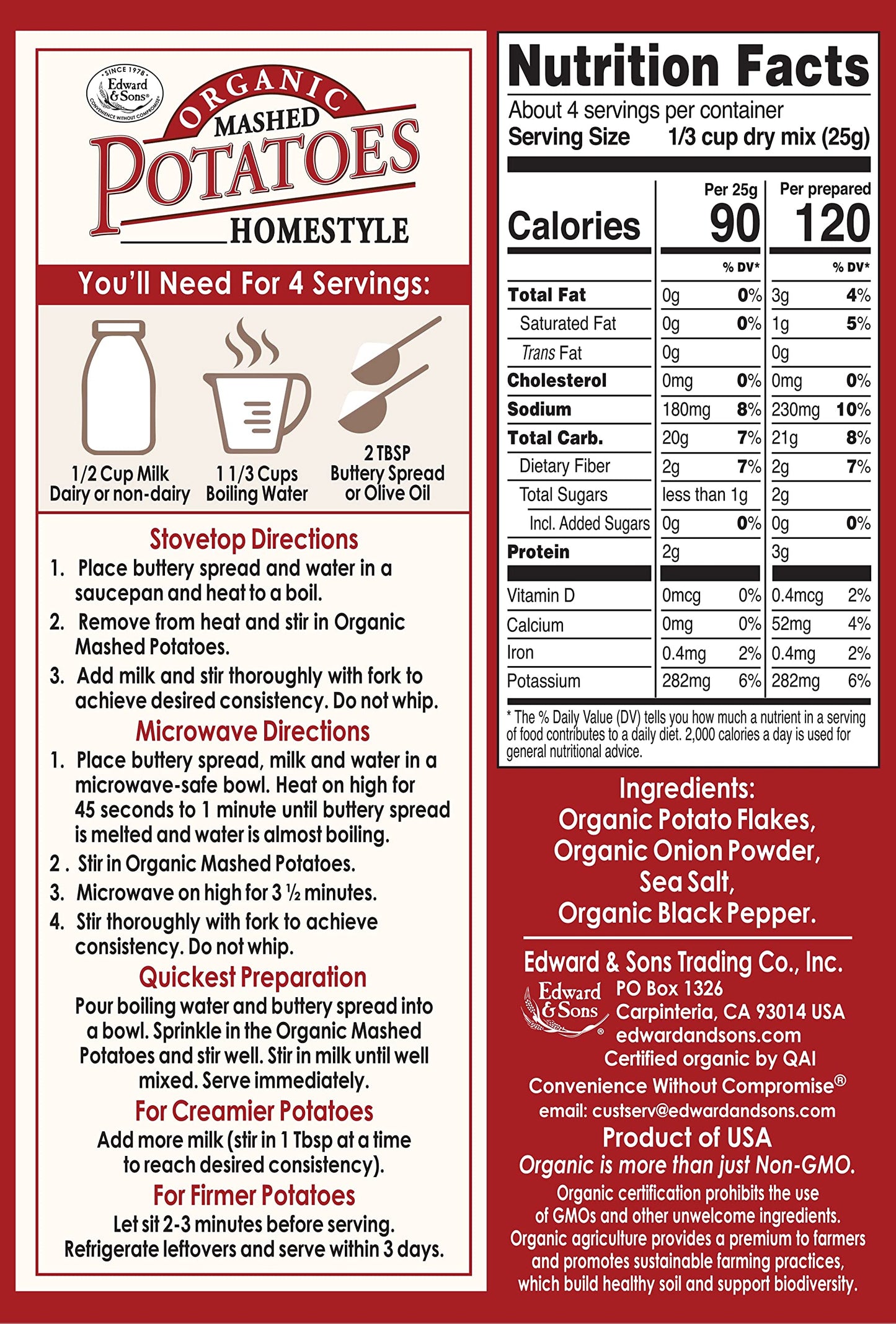 Edward & Sons Organic Homestyle Mashed Potatoes - Instant Mashed Potatoes, Instant Potatoes, Organic Potato Flakes, Vegan - 3.5 Oz (Pack Of 6)