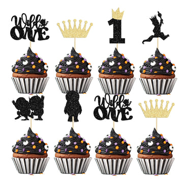 24Pcs Where The Wild Things Are Inspired Cupcake Toppers Glitter Crown Wild One Cupcake Picks For Baby Shower Kids 1St Birthday