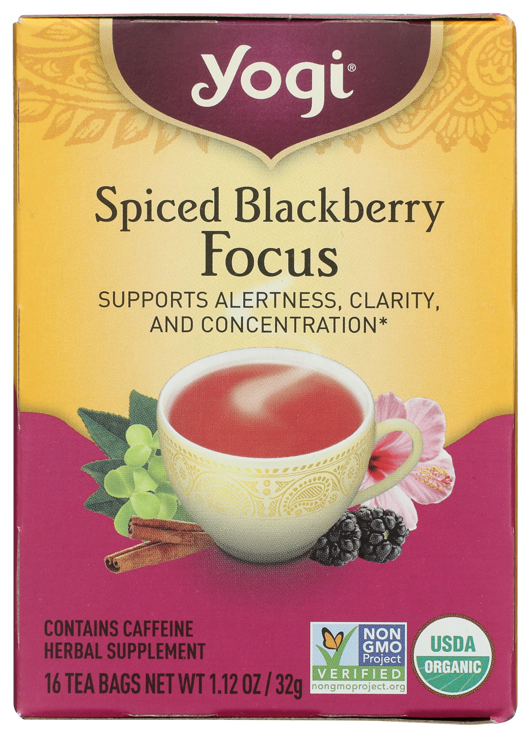 Yogi Focus Spiced Blackberry Tea Bags, 16 Count, Herbal Tea, Caffeine-Free, Natural Ingredients