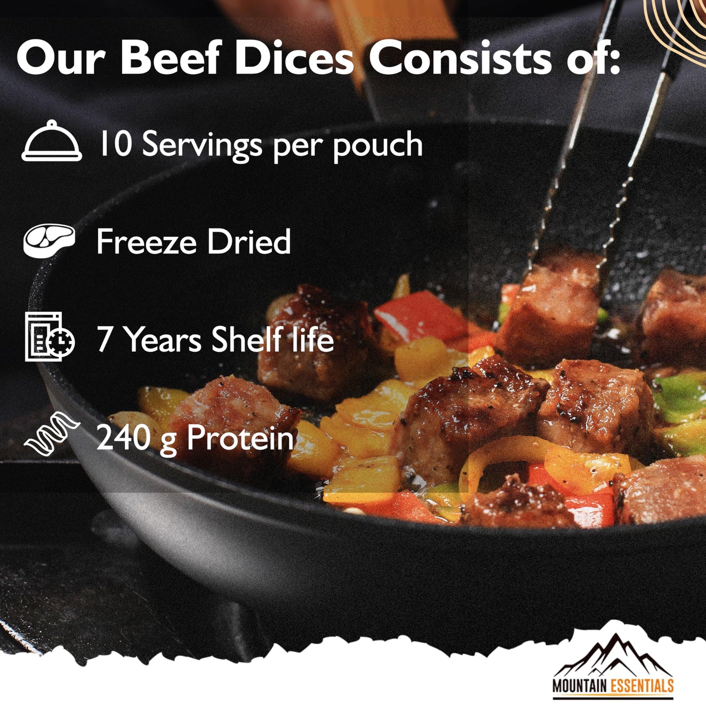 Mountain Essentials Freeze-Dried Diced Beef – Fully Cooked Meat | Pre-Cooked | 240G High Protein Intake | 10 Servings | Ready-To-Eat Meal Prep | Pantry Staples, Daily Meals, Emergency Survival, Camping Food | 7-Year Shelf Life | Made In Usa