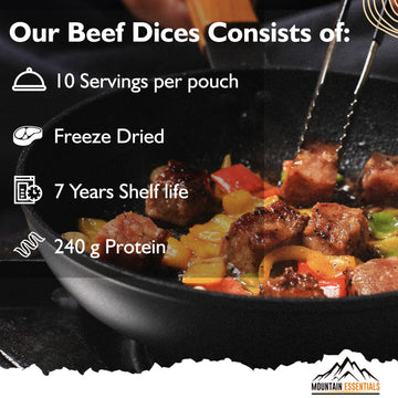 Mountain Essentials Freeze-Dried Diced Beef – Fully Cooked Meat | Pre-Cooked | 240G High Protein Intake | 10 Servings | Ready-To-Eat Meal Prep | Pantry Staples, Daily Meals, Emergency Survival, Camping Food | 7-Year Shelf Life | Made In Usa