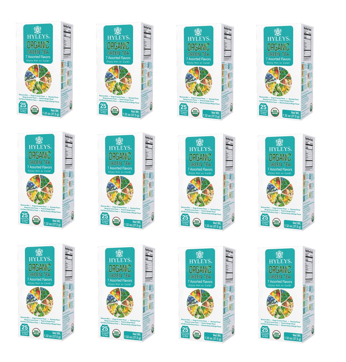 Hyleys Organic Green Tea 7 Assorted Flavors - 25 Tea Bags (12 Pack - 300 Tea Bags Total)