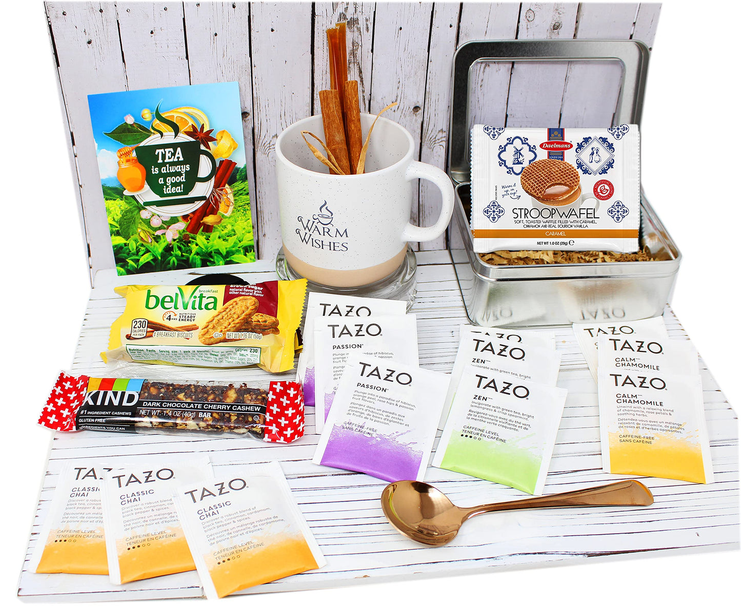 Zelica Tea Lovers Gift Basket with Tazo Tea Bags, Mug, Cookies, Honey, Cinnamon - 1 Count
