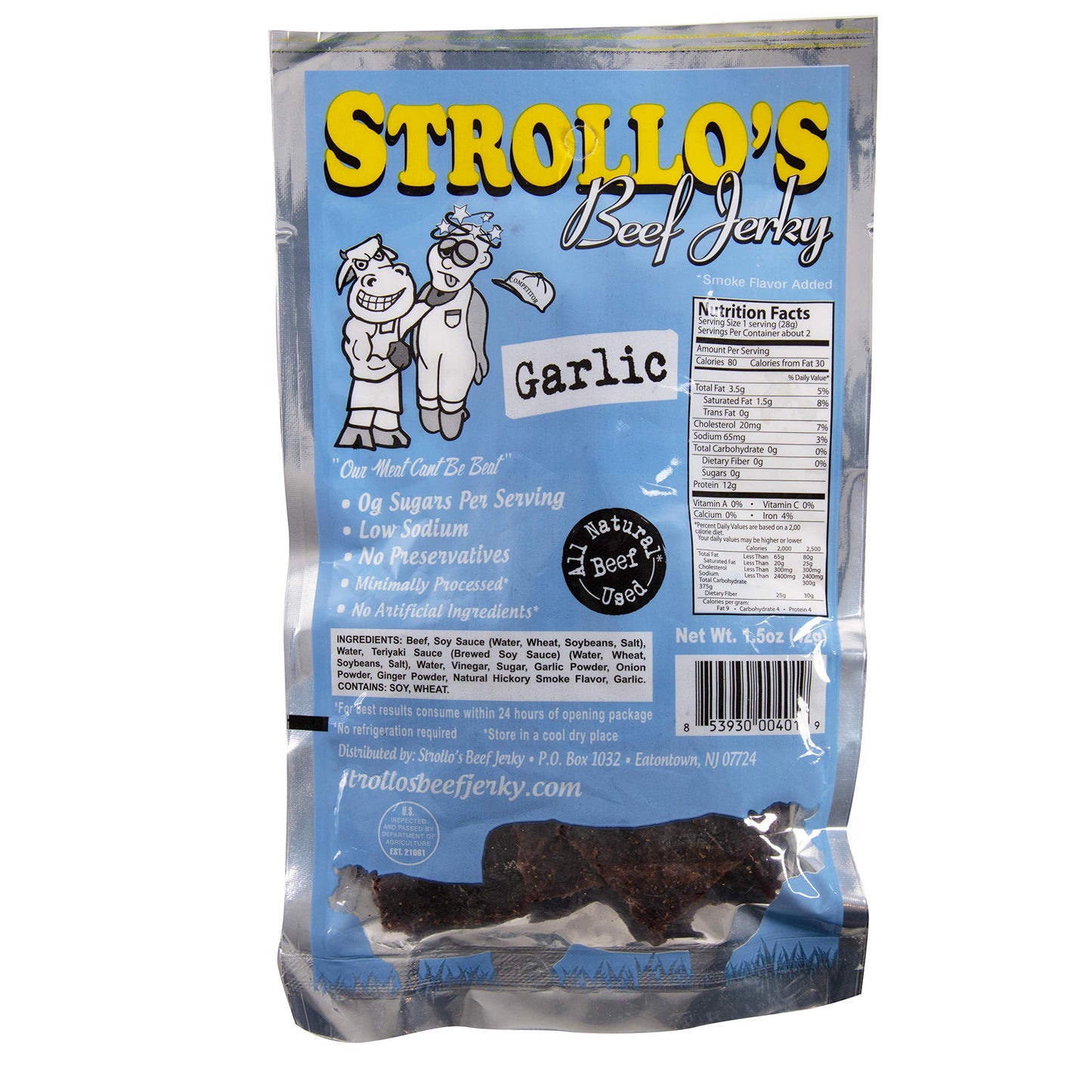 Strollos Beef Jerky Garlic Original Flavor 1 Pack - Low Sodium, Low Sugar, Low Carb - Made with All Natural USA Beef, USDA Certified