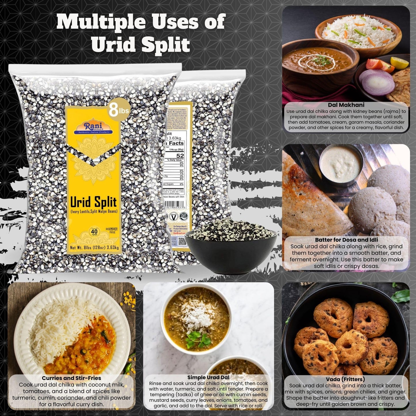 Rani Urid/Urad Split Chilka (Split Matpe Beans With Skin) Indian Lentils 128Oz (8Lbs) 3.63Kg Bulk ~ All Natural | Gluten Friendl
