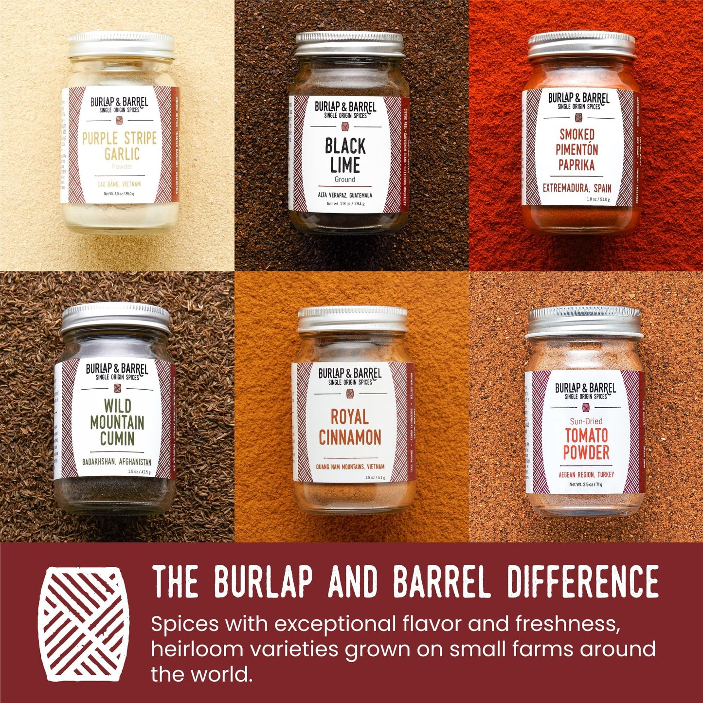 Burlap & Barrel 6-Pack Spice Gift Set - Includes Cinnamon, Garlic & More - 2.27 Ounce Jars - Model S-PL-9761