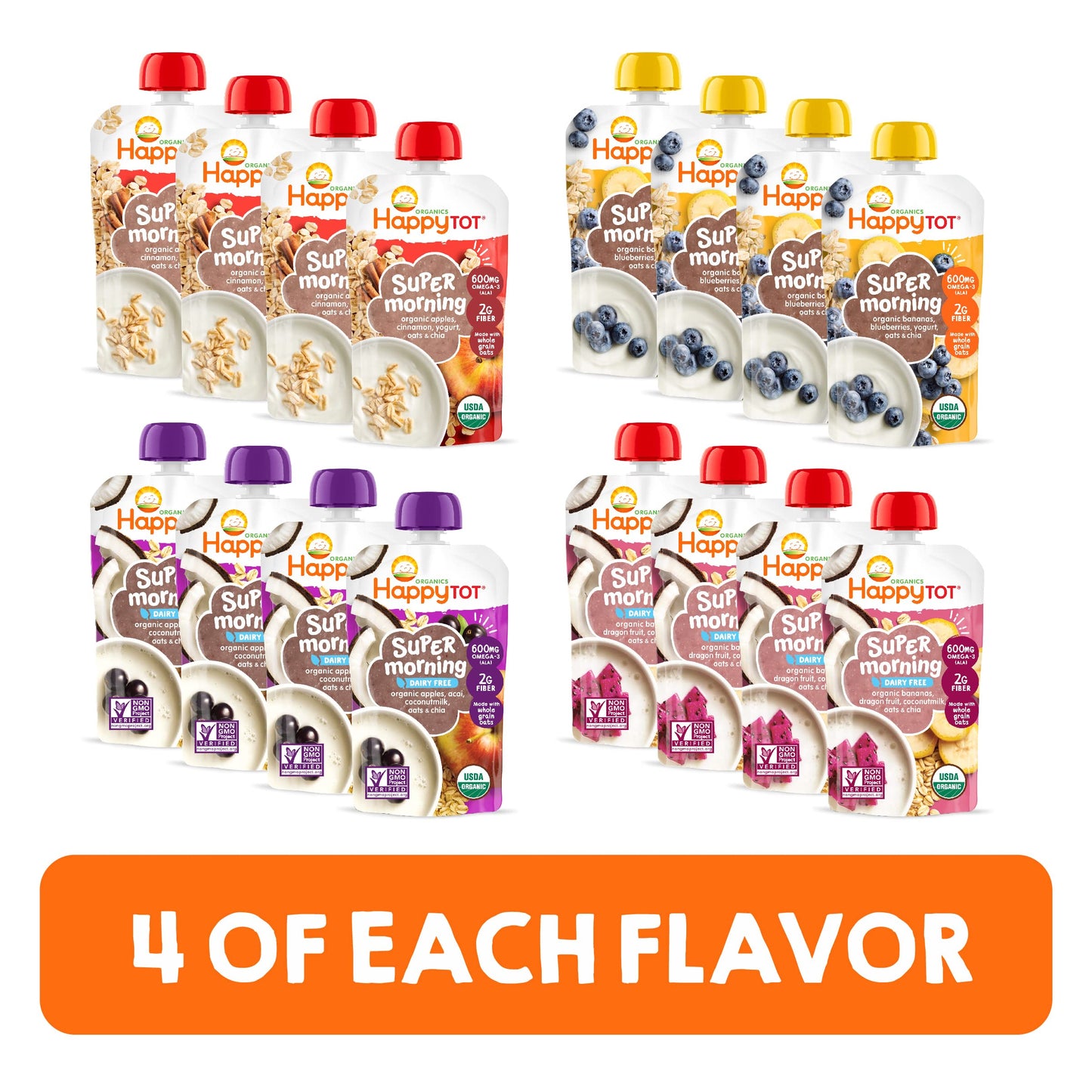 Happytot Organics Stage 4 Baby Food Pouches, Gluten Free, Super Morning Fruit & Oat Variety Pack Blend 4 Oz (Pack Of 16), Large Online Retailer Limited Availability