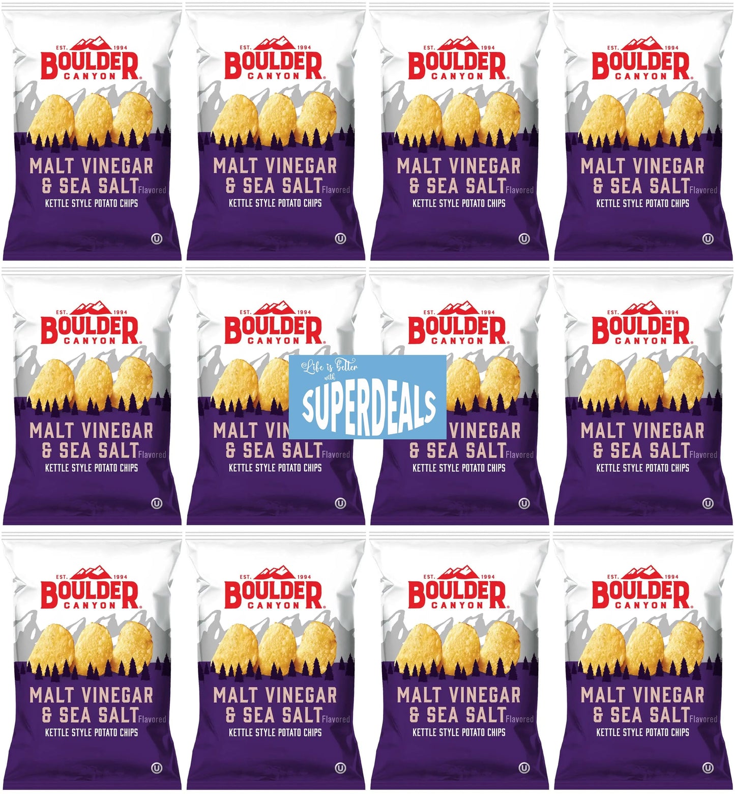 Boulder Canyon | Malt Vinegar & Sea Salt | Kettle Style Potato Chips| 1.5 Ounce | Pack of 12 Bundled by SUPERDEALS with Mystery 