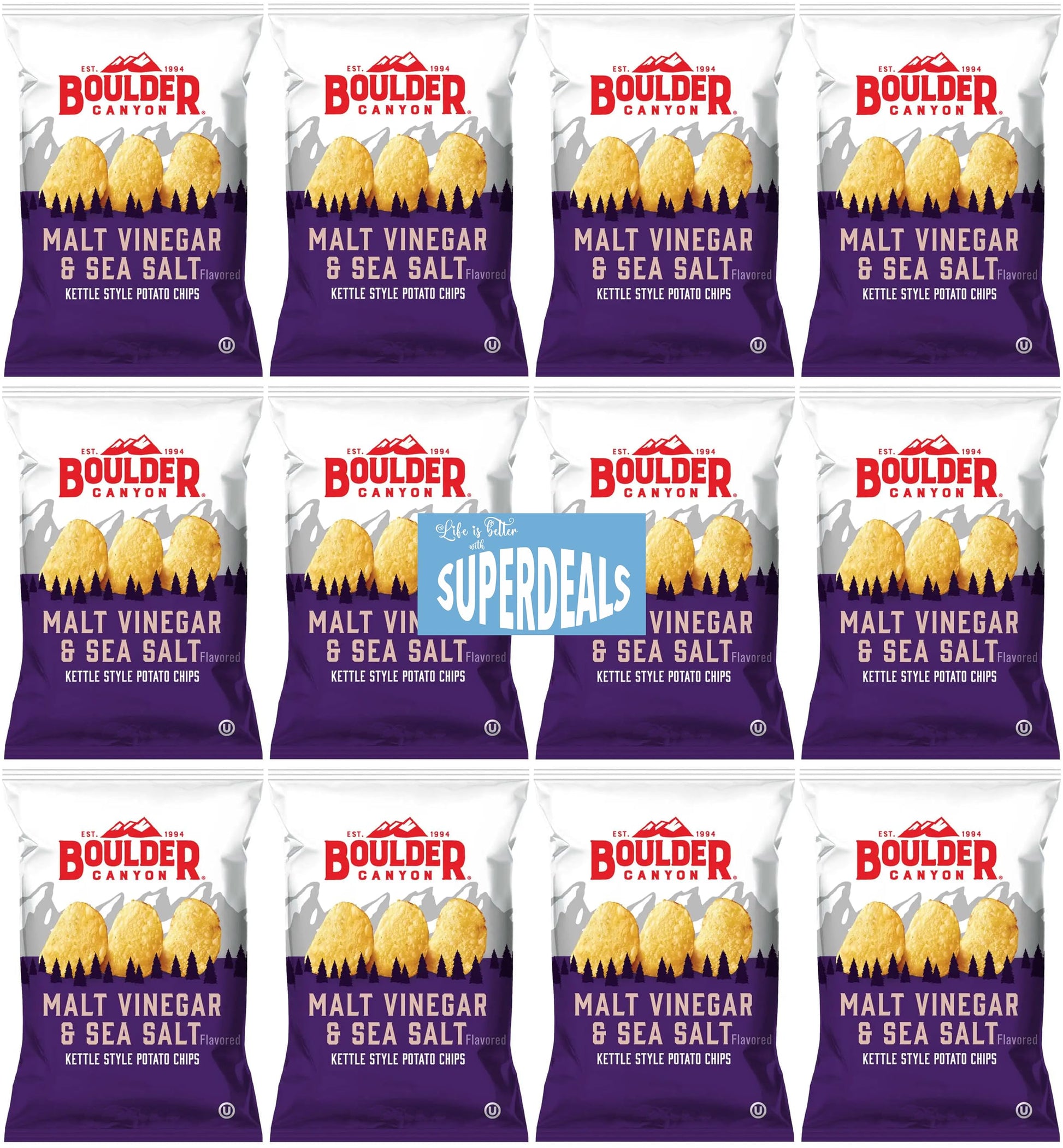 Boulder Canyon | Malt Vinegar & Sea Salt | Kettle Style Potato Chips| 1.5 Ounce | Pack of 12 Bundled by SUPERDEALS with Mystery 