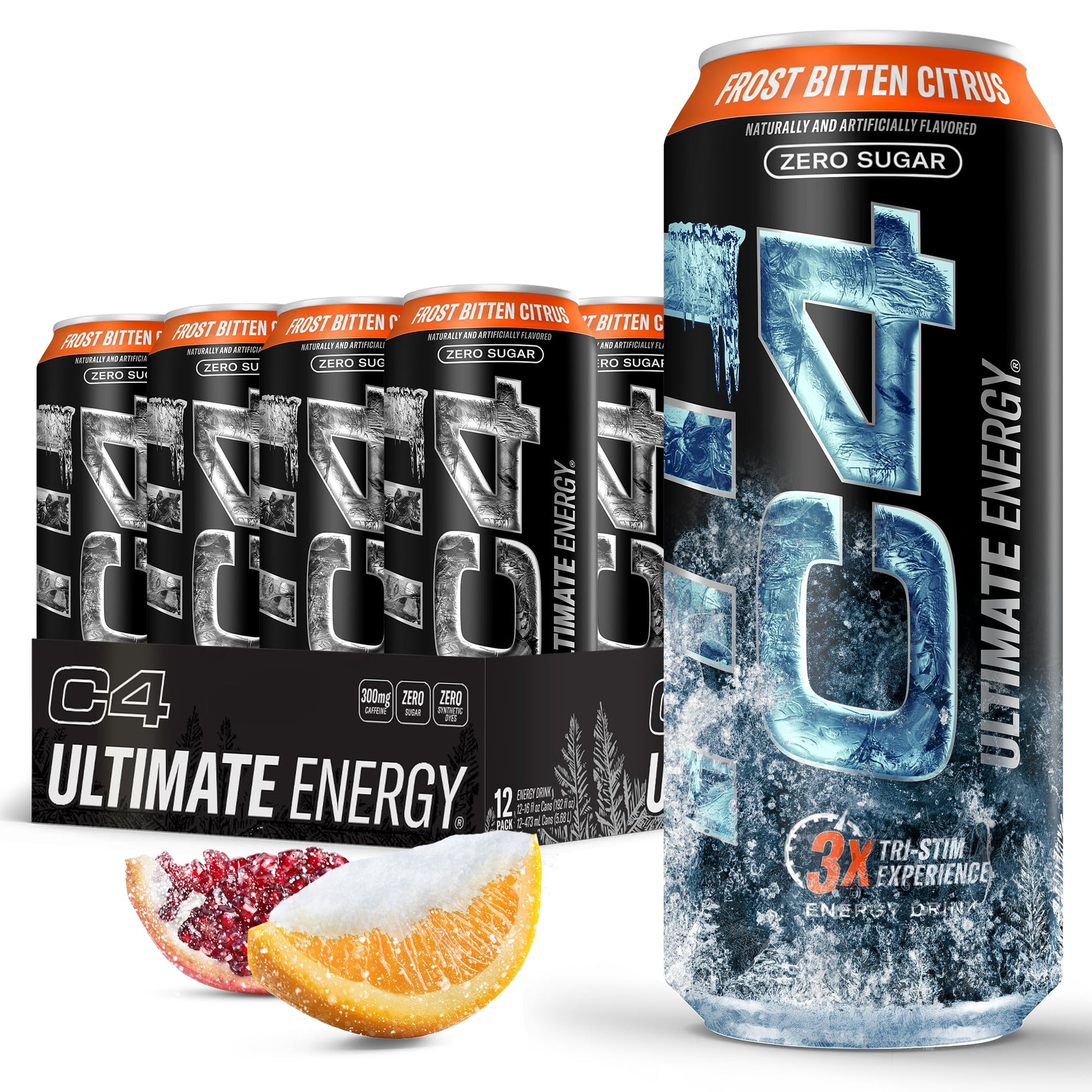 Cellucor C4 Ultimate Pre Workout Energy Drink, Sugar Free, 300mg Caffeine, Frost Bitten Citrus, 16oz (Pack of 12)