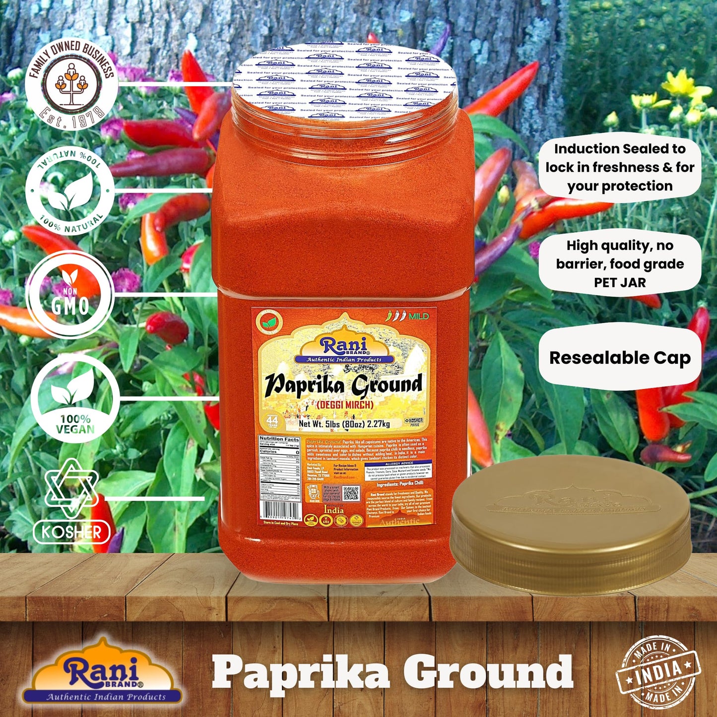 Rani Paprika (Deggi Mirch, Low Heat) Spice Powder, Ground 80Oz (5Lbs) 2.27Kg Bulk Pet Jar ~ All Natural, Salt-Free | Vegan | No