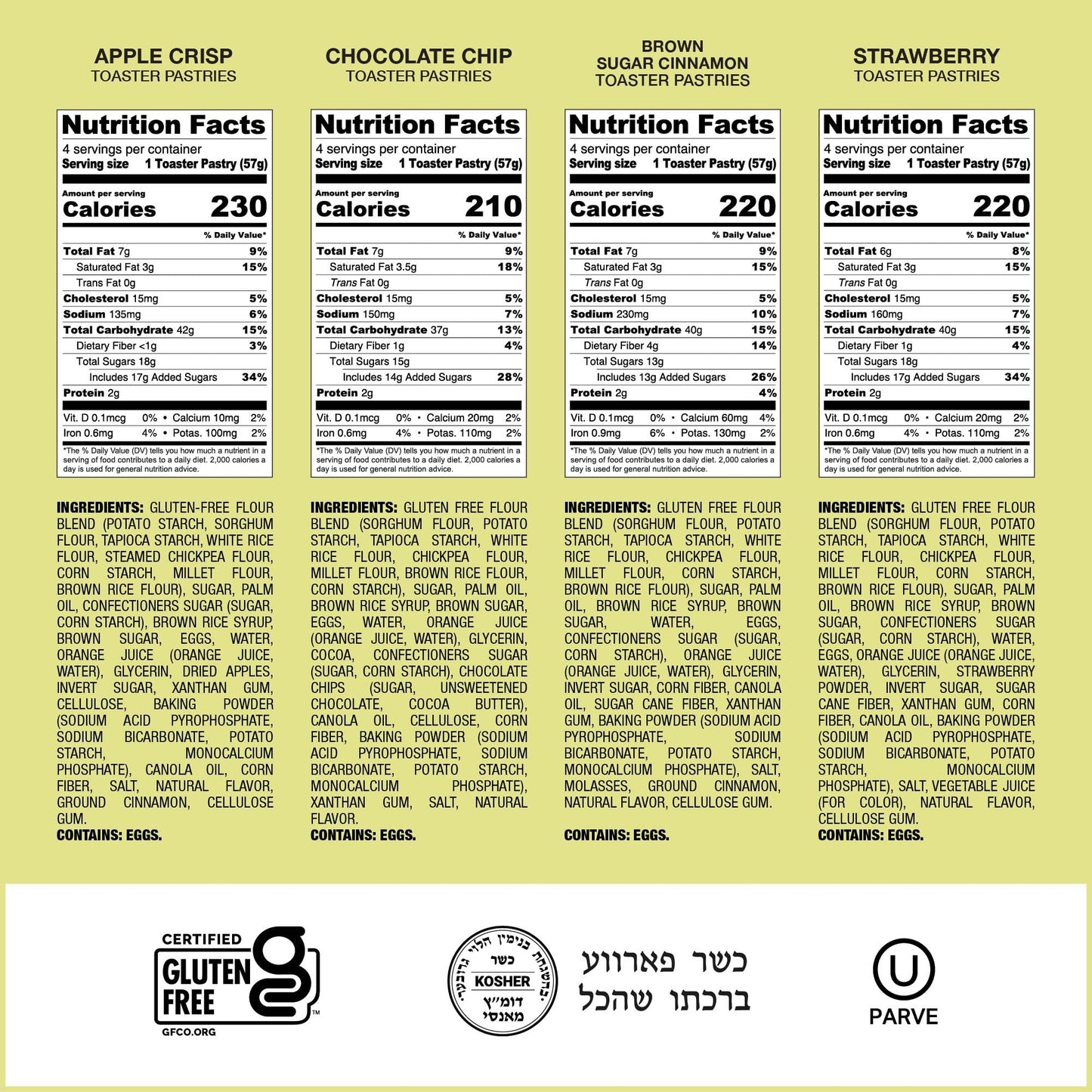 Katz Gluten Free Toaster Pastries Variety Pack, 4 Flavors: Apple Crisp, Cinnamon, Chocolate Chip & Strawberry, 8oz (Pack of 4)