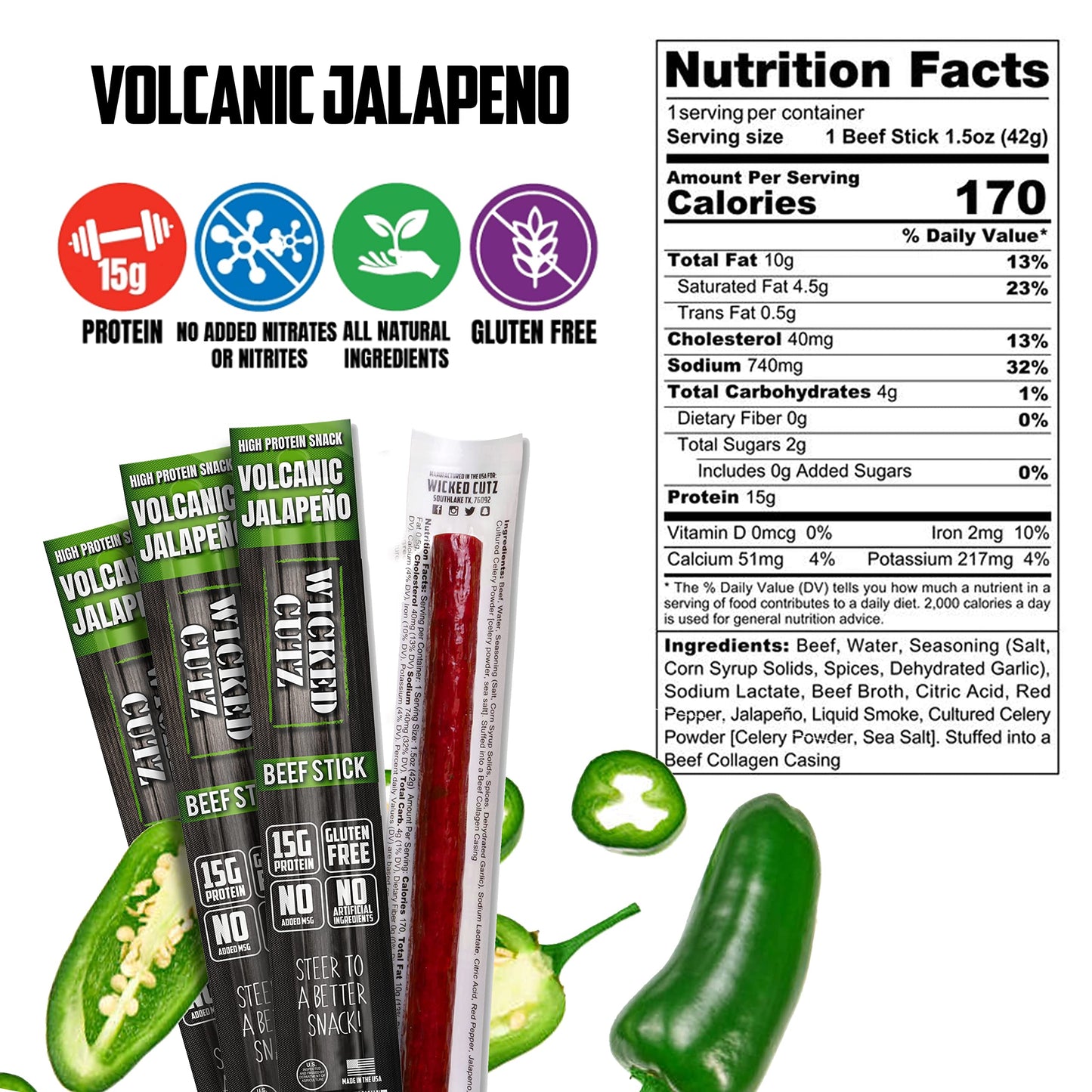 Wicked Cutz Spicy Beef Sticks, Extra Large, 15g Protein, Gluten Free, 1 Ounce (Pack of 12)